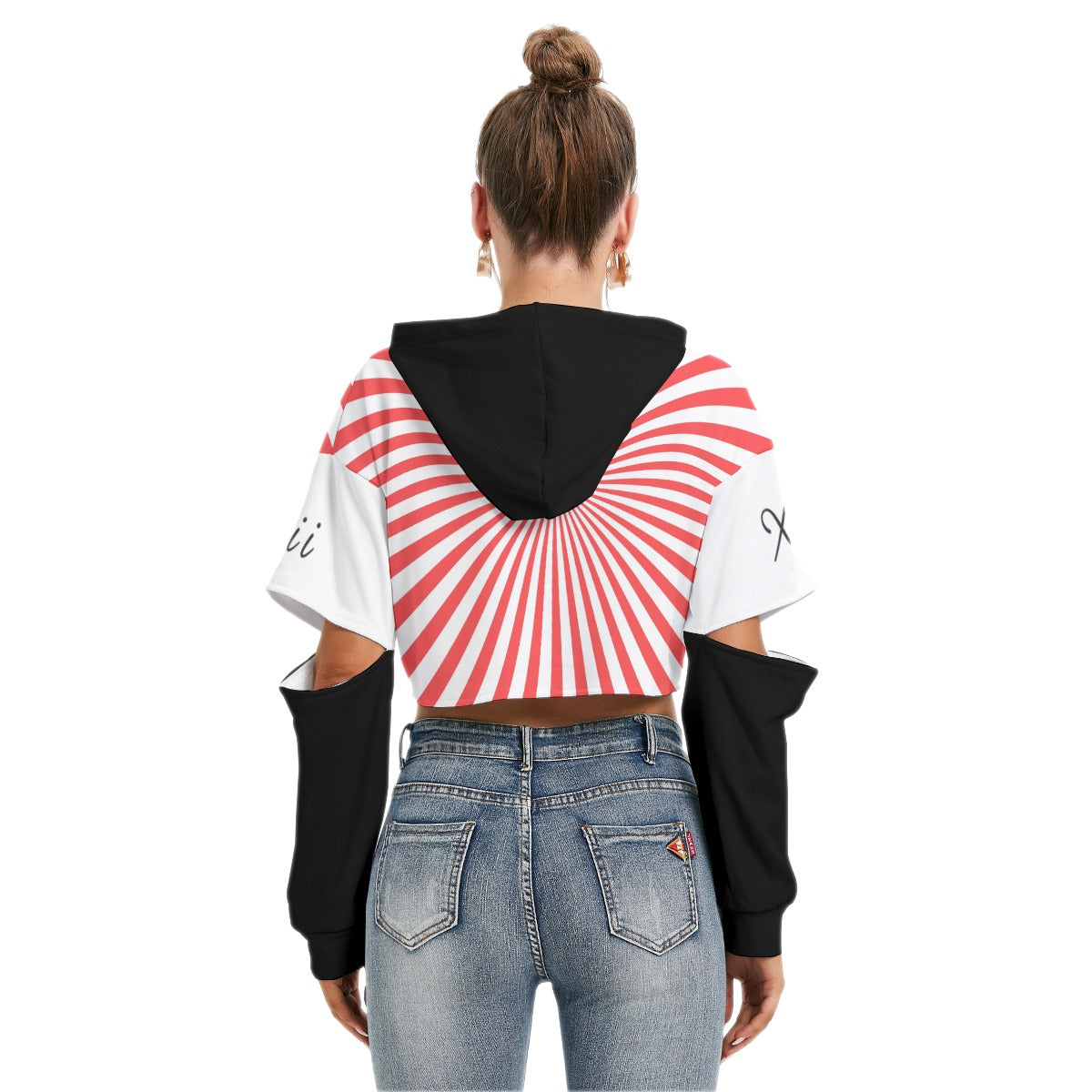 Xcarii Xii - Red Star Cropped Hoodie With Hollow Out Sleeve