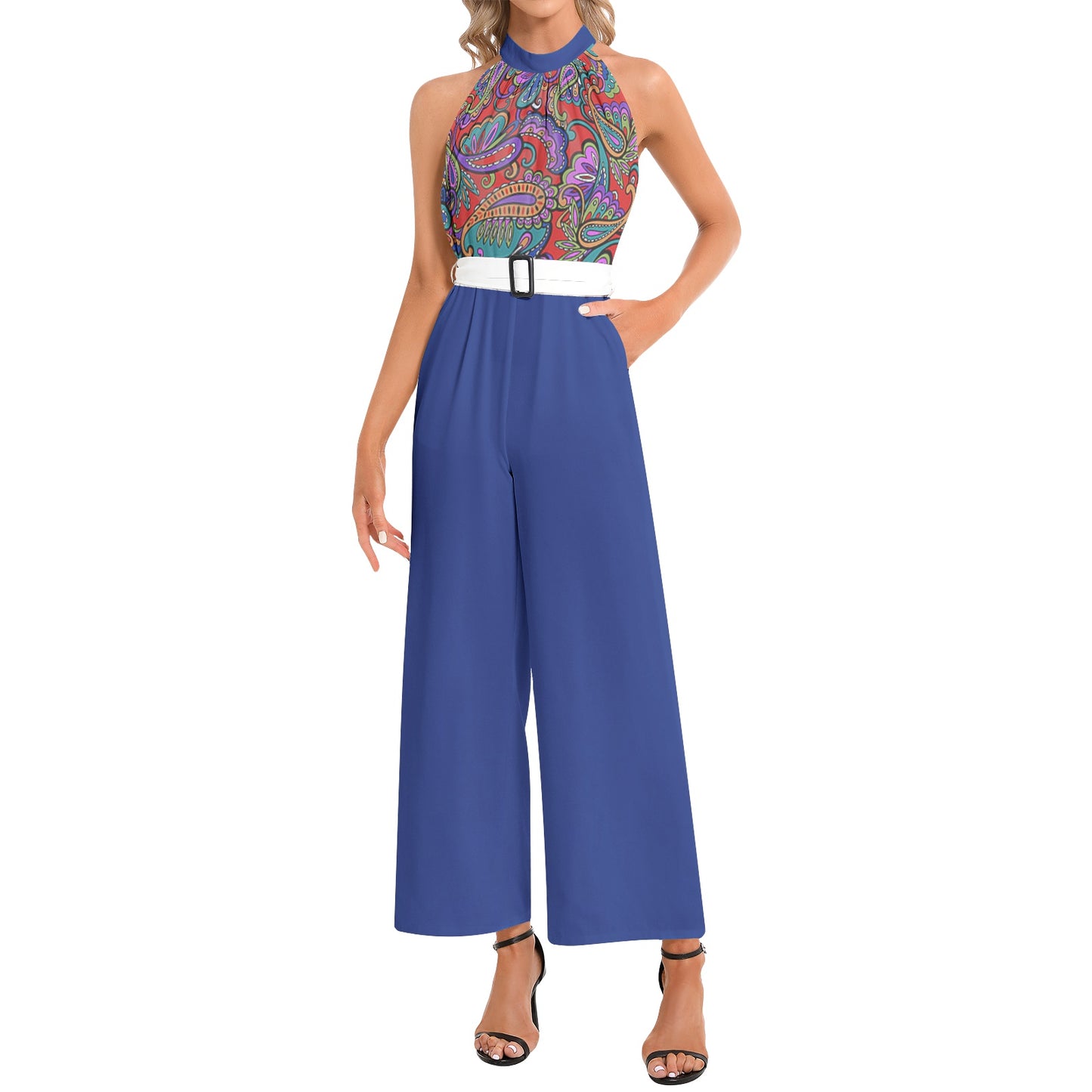 Halter Neck Buckle Belted Jumpsuit