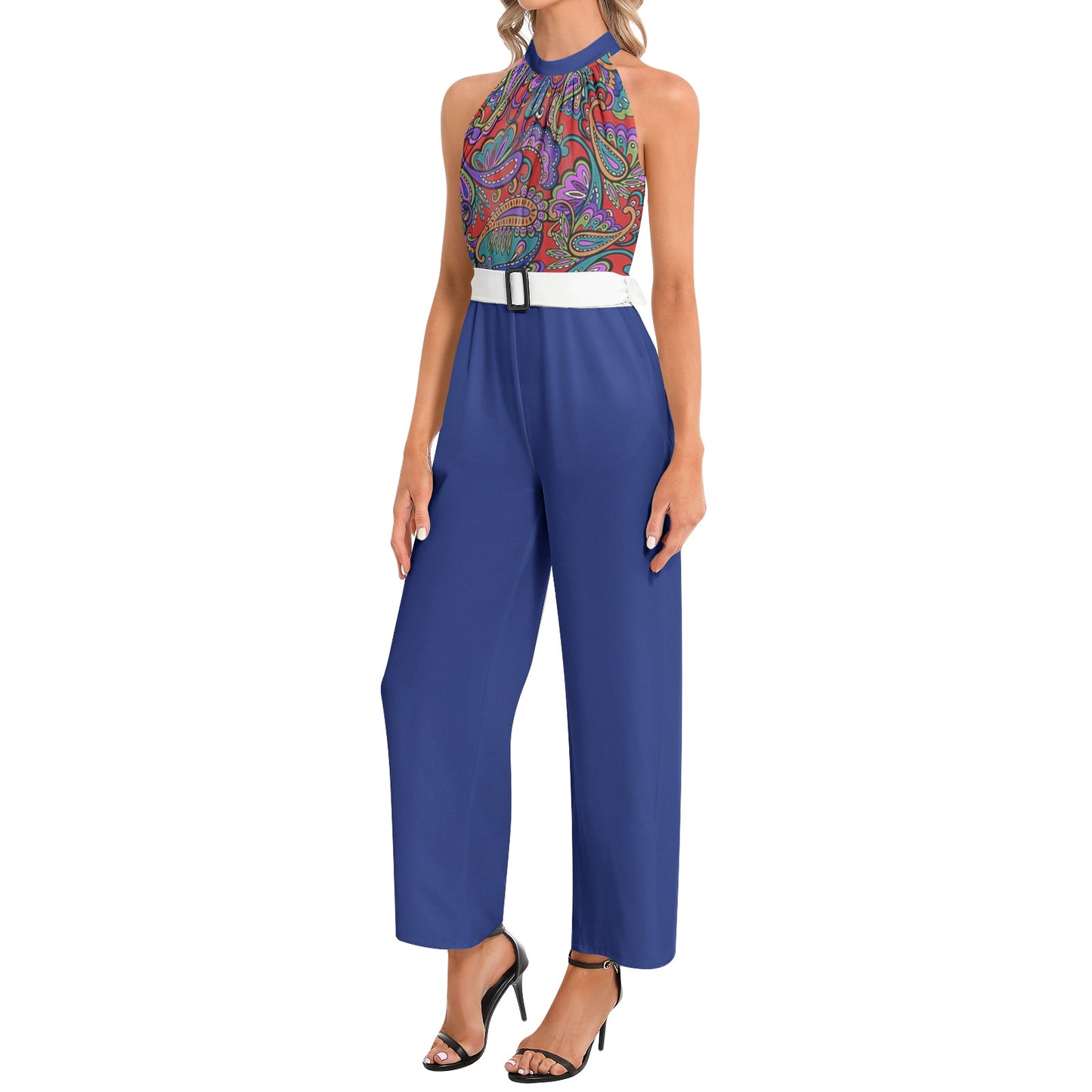 Halter Neck Buckle Belted Jumpsuit