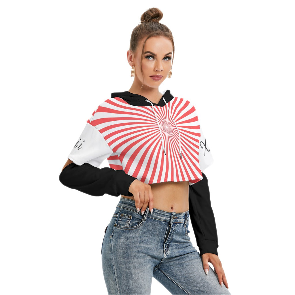 Xcarii Xii - Red Star Cropped Hoodie With Hollow Out Sleeve
