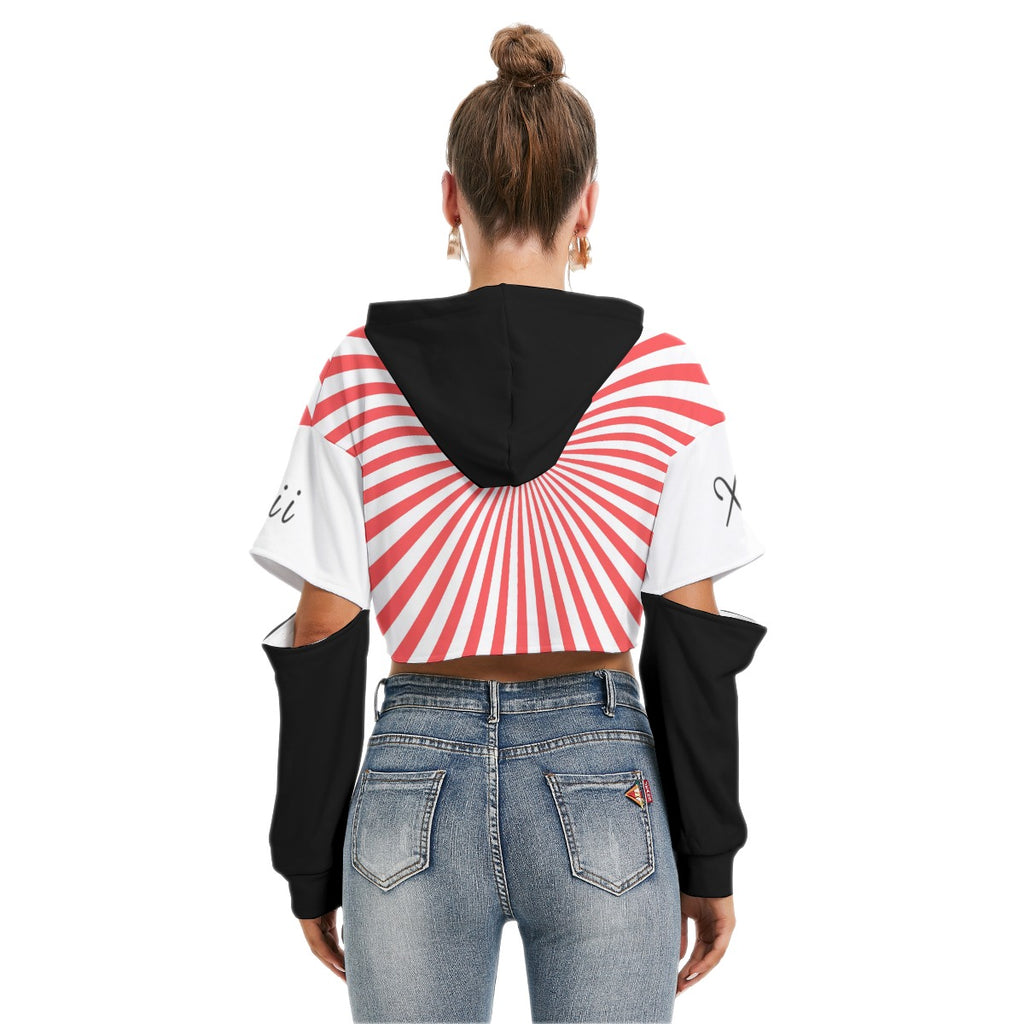 Xcarii Xii - Red Star Cropped Hoodie With Hollow Out Sleeve
