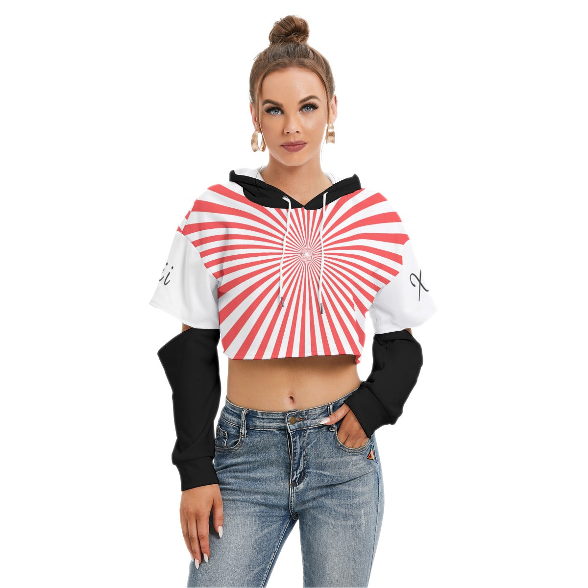 Xcarii Xii - Red Star Cropped Hoodie With Hollow Out Sleeve