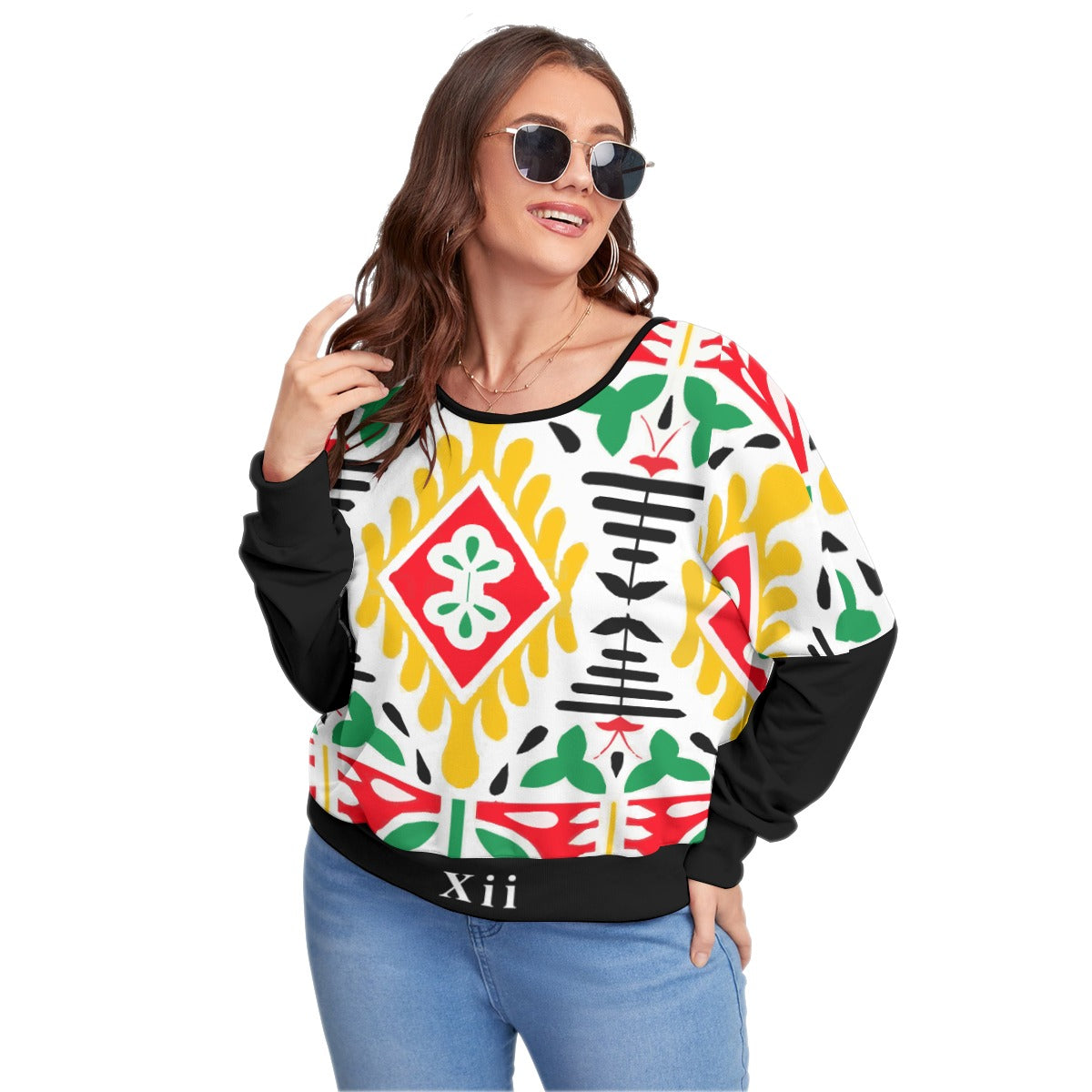 All-Over Print Women's Backless Sweatshirt With Bat Sleeve(Plus Size)