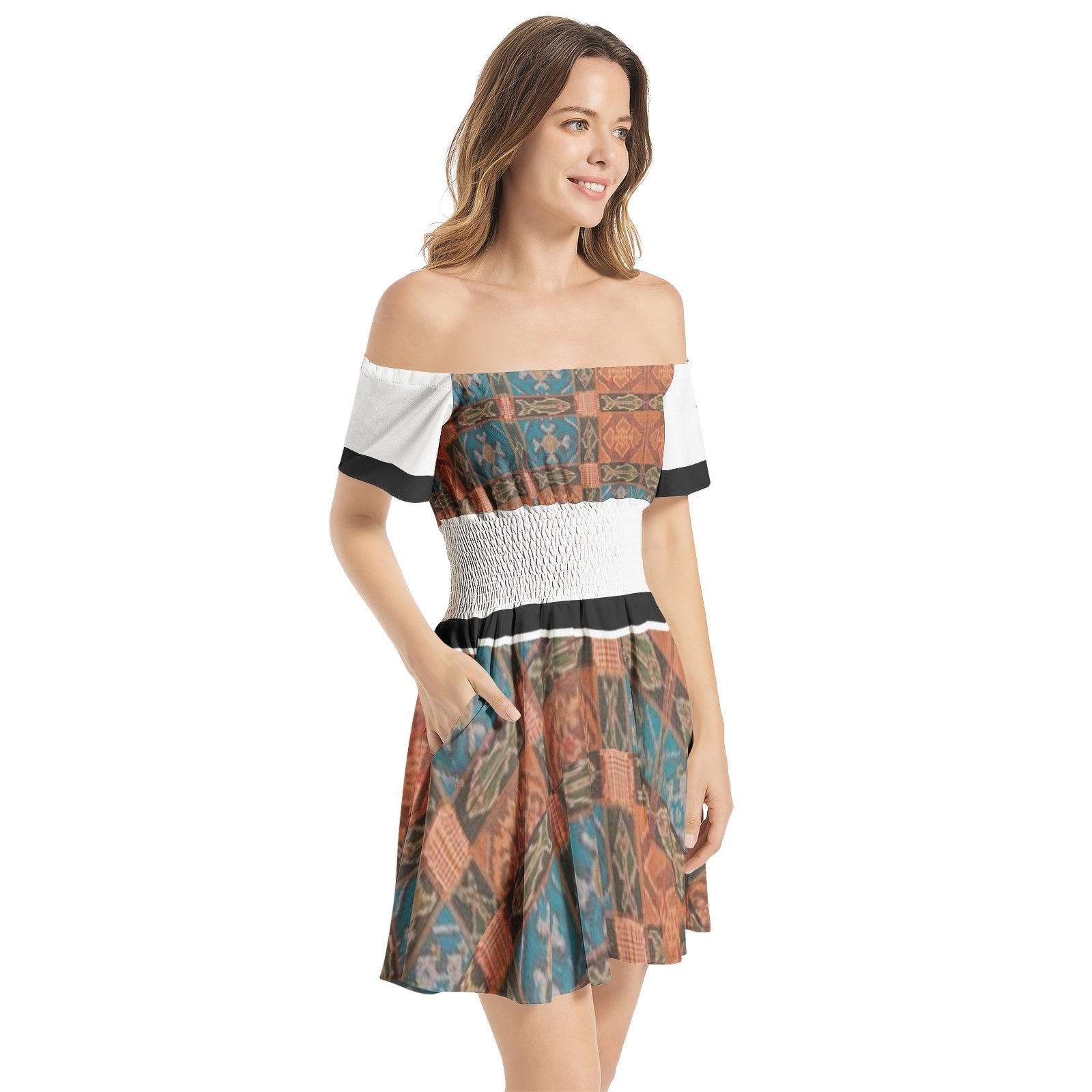 Xcarii Xii - Off Shoulder Shirred Waist Flared Mini Dress