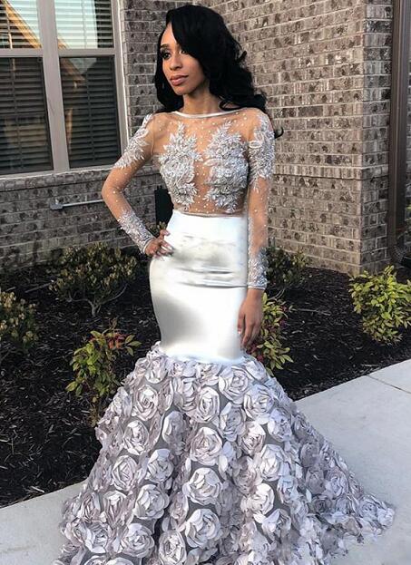 Silver Lace 3D Floral Mermaid Prom Gowns Pageant Dresses with Long Sleeve 2018 Sheer Neck Sexy African Trumpet Evening Wear Gown